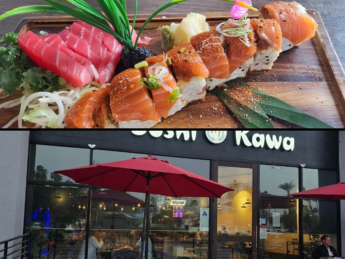 Colorful sashimi arranged on a counter.
