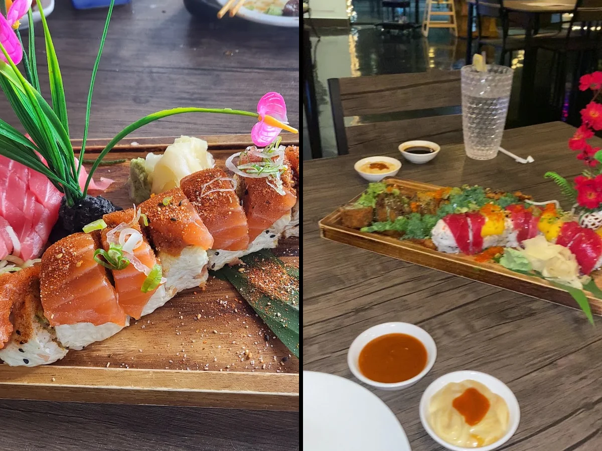 Colorful sashimi arranged on a counter.