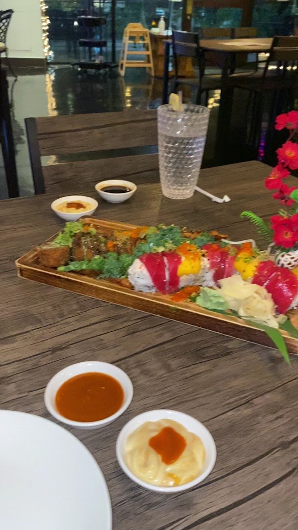 Colorful sashimi arranged on a counter.