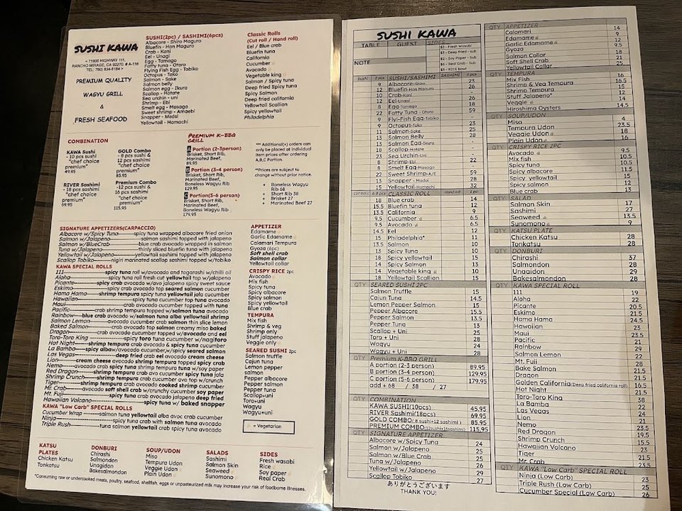Restaurant menu listing rolls and starters.